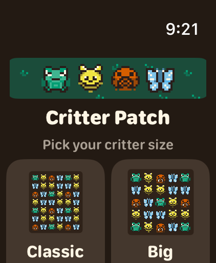 The first launch: pick your critter size